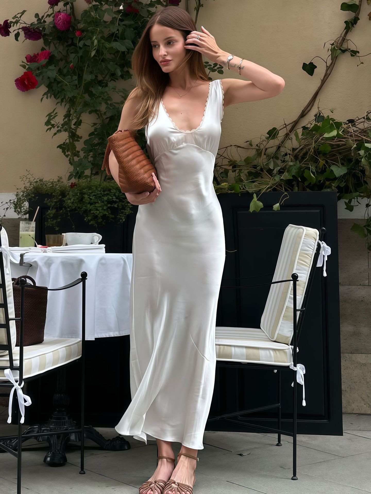 A-Line V-Neck High Waist Polyester Maxi Skirt