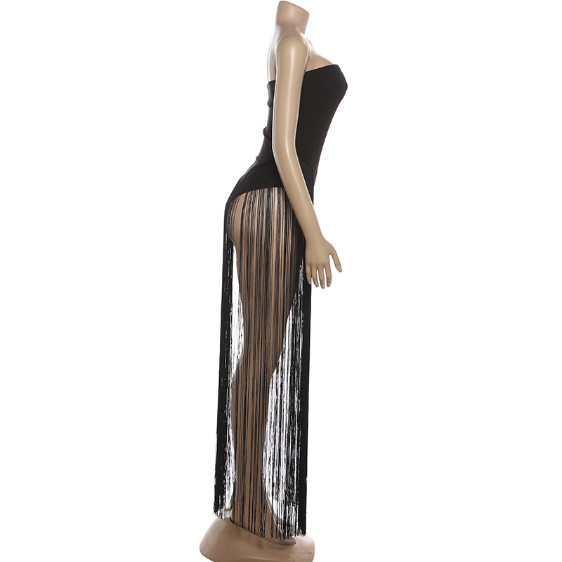 Raised-Waist Open Back Bandeau Fitted Tassel Jumpsuit