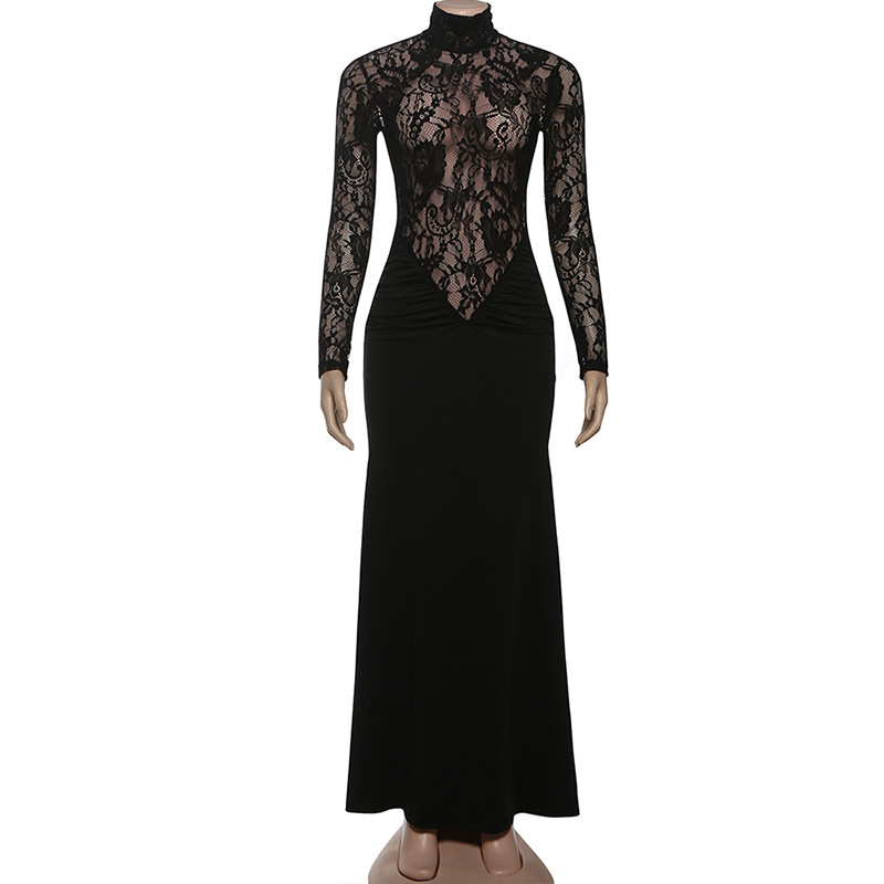 Sheer Cutout Full Sleeve Bodycon Mock Collar Dress