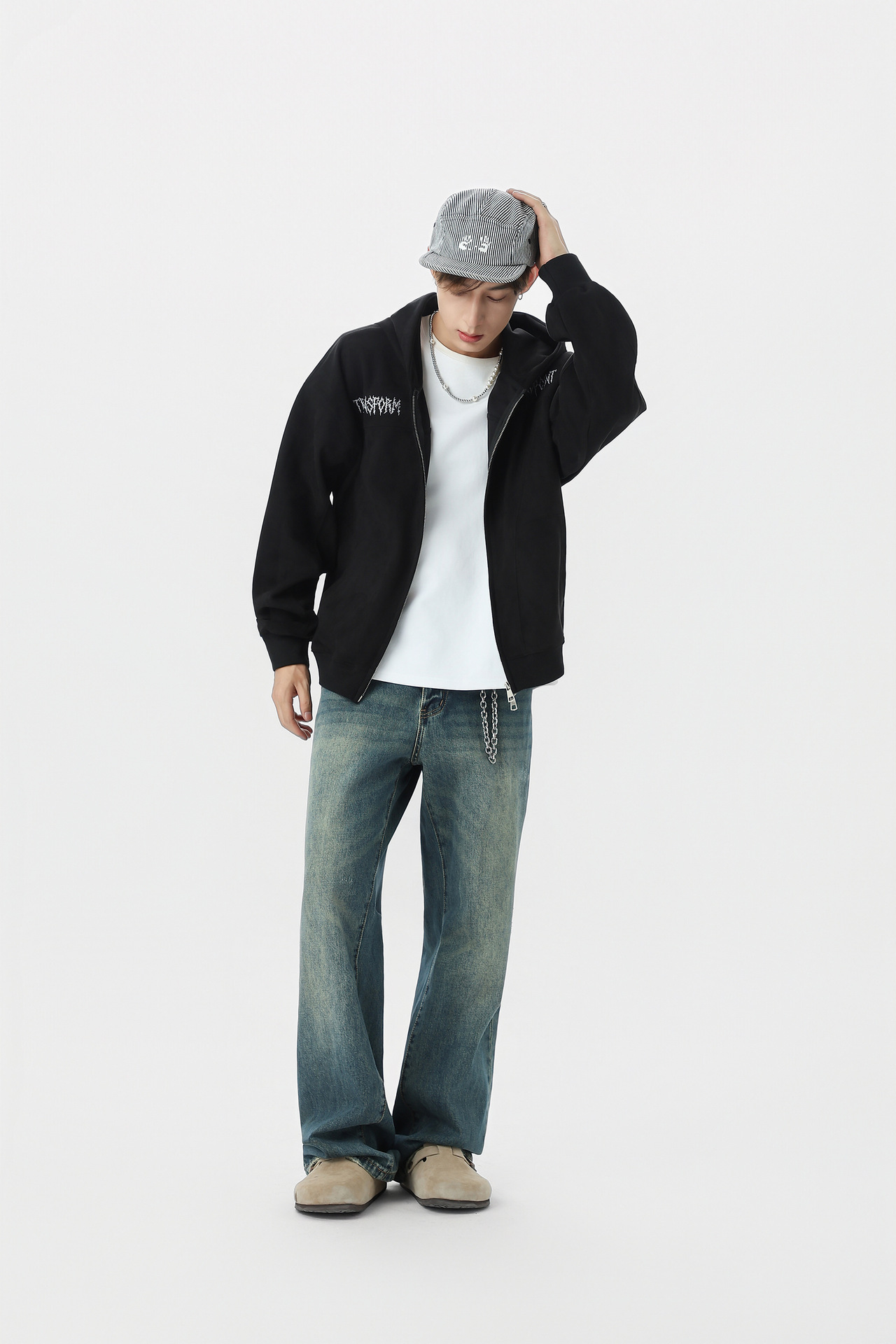 Retro Color-Block Letter Print Hooded Zip-Up Sweater