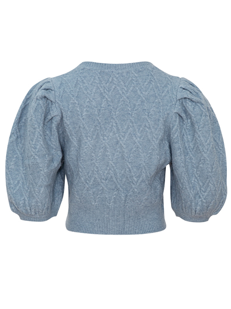 Plain Acrylic Plunge Puffed Button-Front Fitted Cardigan