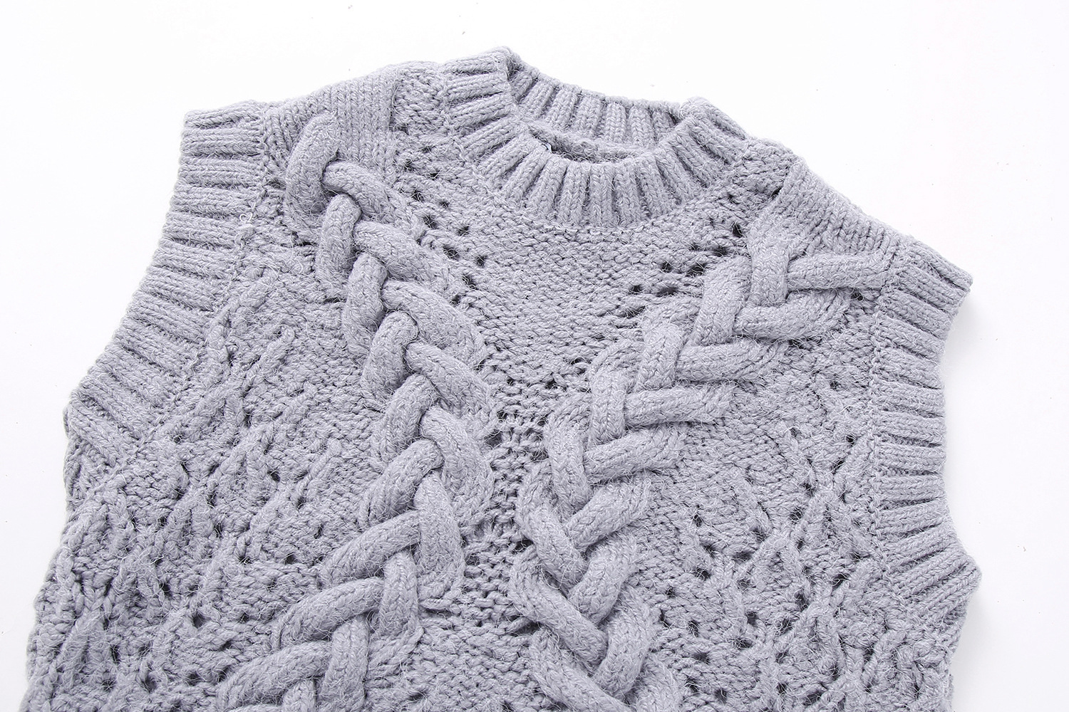 Ladies Round Collar Twisted Openwork Knit Gilet