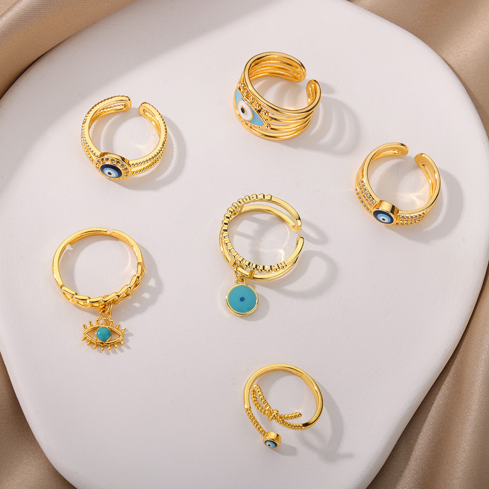 Turkish Zircon Evil Eye Rings For Women Open Adjustbale Gold Plated Stainless Steel Ring Couple Rings Wedding Jewelry Bague
