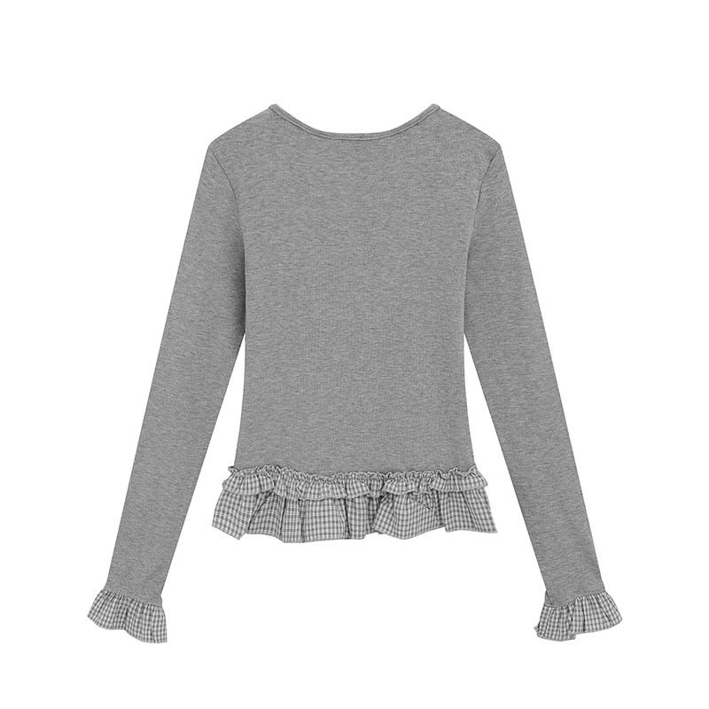 T-Shirt Women Unique Personality Plaid Ruffle Splicing Slim Long Sleeve Base Shirt Top Trendy