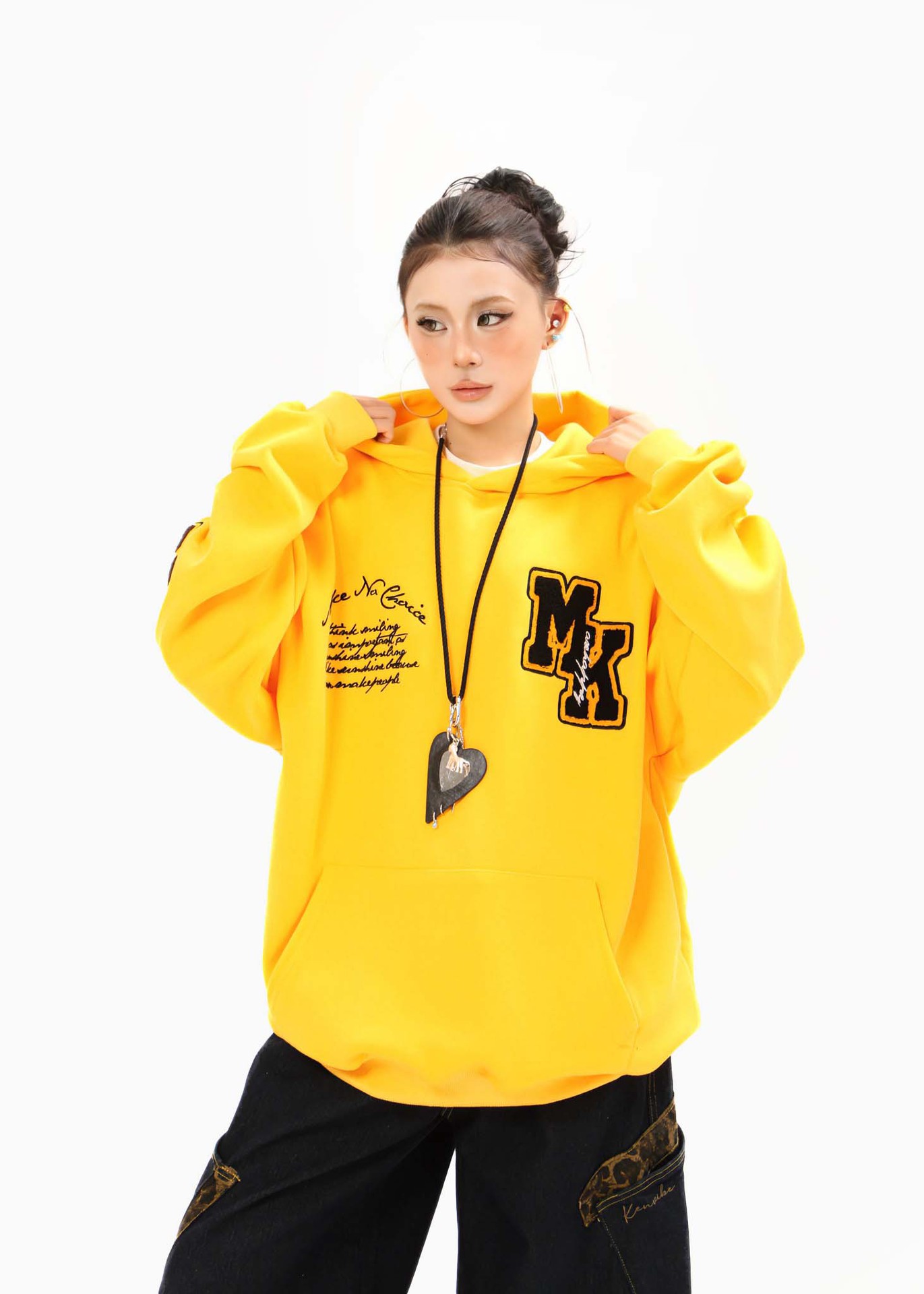 Text Embroidered Long Sleeve Oversized Cotton Hoody