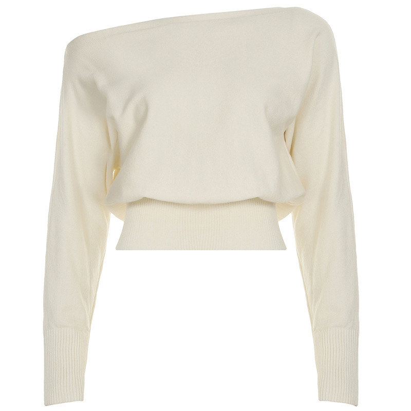 Asymmetric Neckline Fitted Solid Long Sleeve Sweater Top