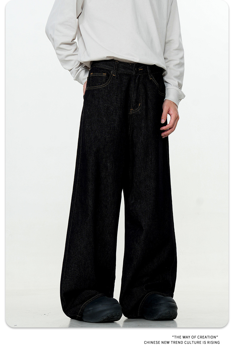 Black Soft Denim Pants Vintage Straight Simple Trendy Original Color Loose Casual Long Pants