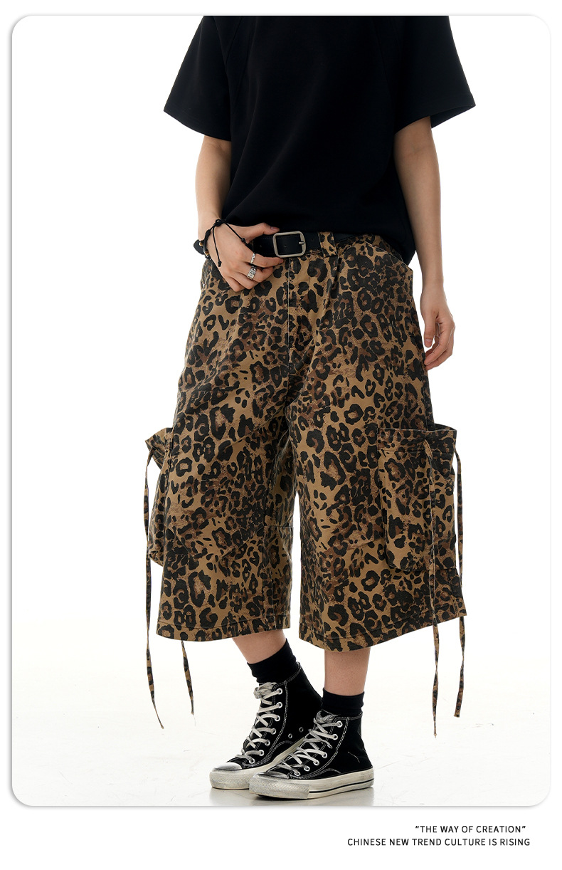 Leopard Print Loose Straight Calf-Length Pants for Men and Women Cleanfit Striped Sport Shorts