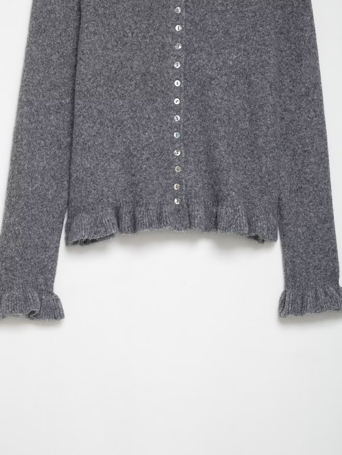 Ladies Charcoal Ruffle One-Button Flip Collar Sweater