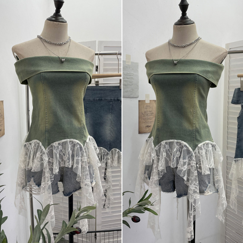 Sexy Asymmetric Denim Crewneck Top