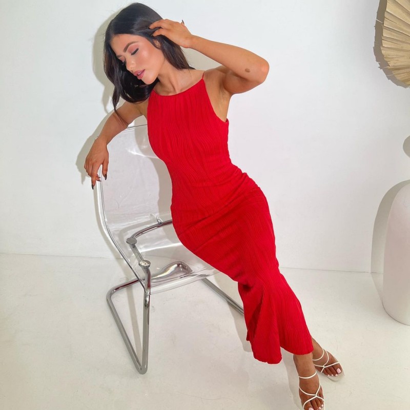 Open Back Sleeveless Collarless Polyester Mid Waist Dress