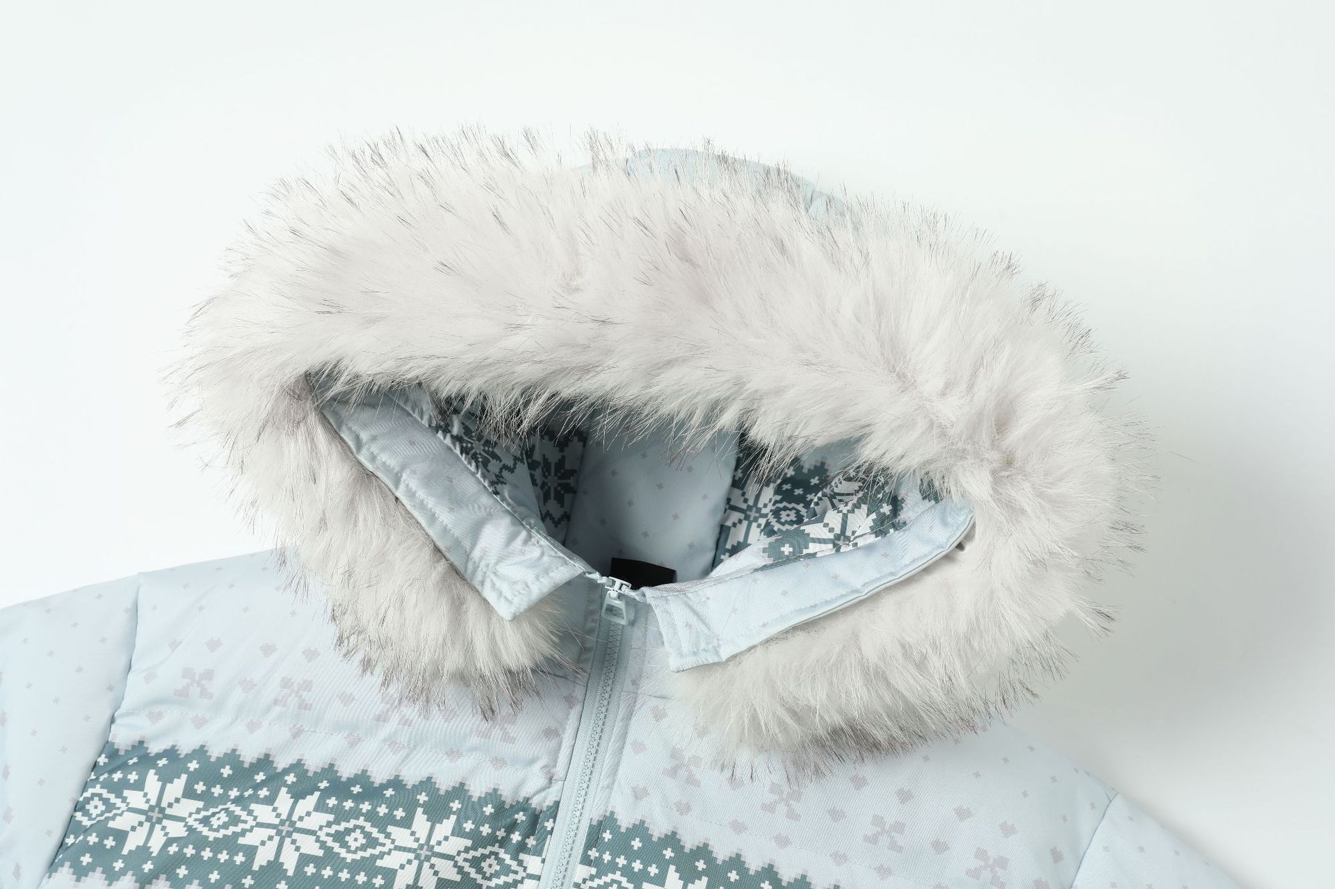 Hooded Fair Isle Detachable Fur Collar Cotton Coat Warm Outerwear