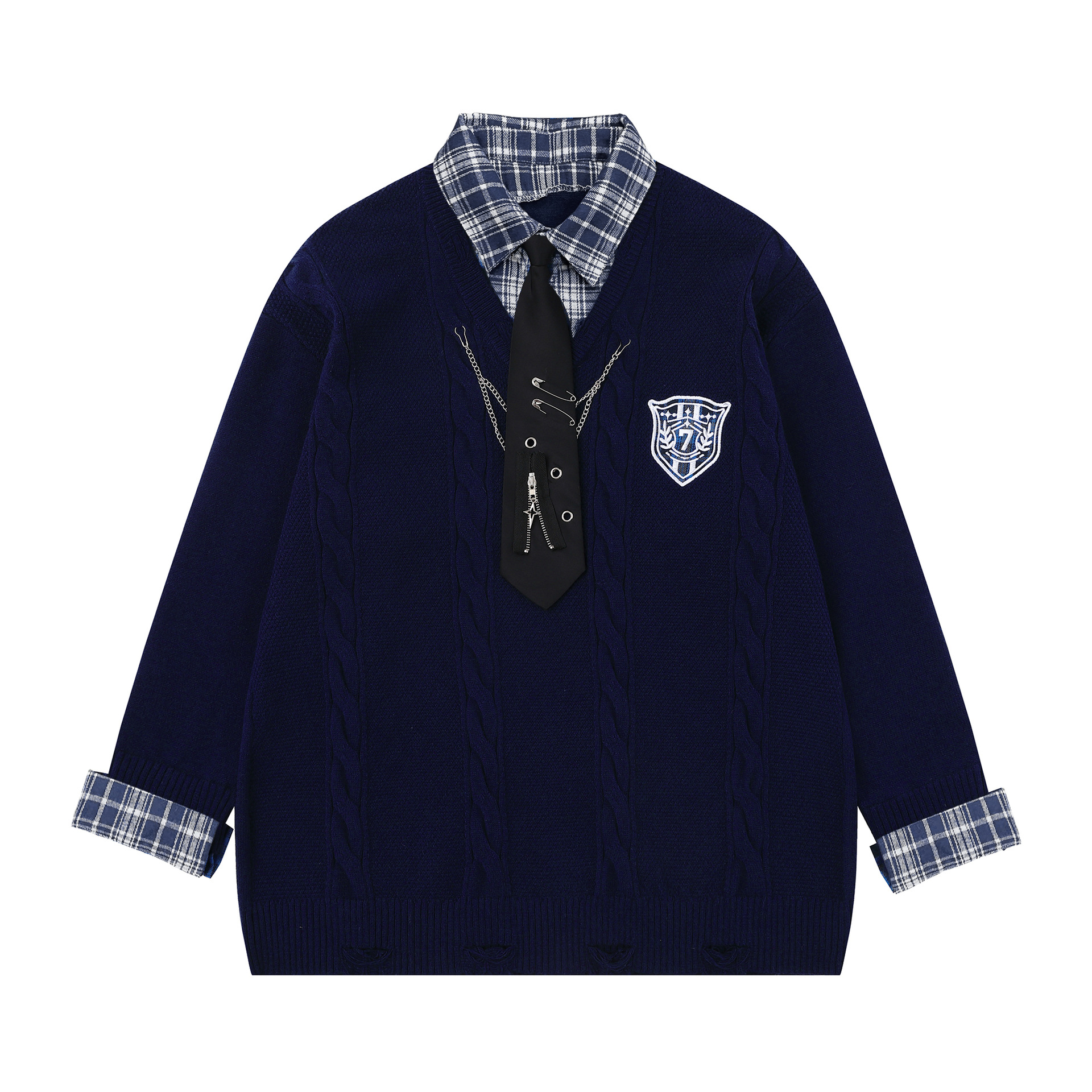 Casual College Style Metal Chain Detachable Tie Knit Sweater