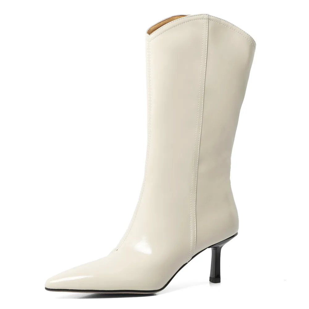 Fashion Western Women Mid-Calf Boots Pointed Toe Thin High Heels Office Lady Shoes Woman Genuine Leather Autumn Winter