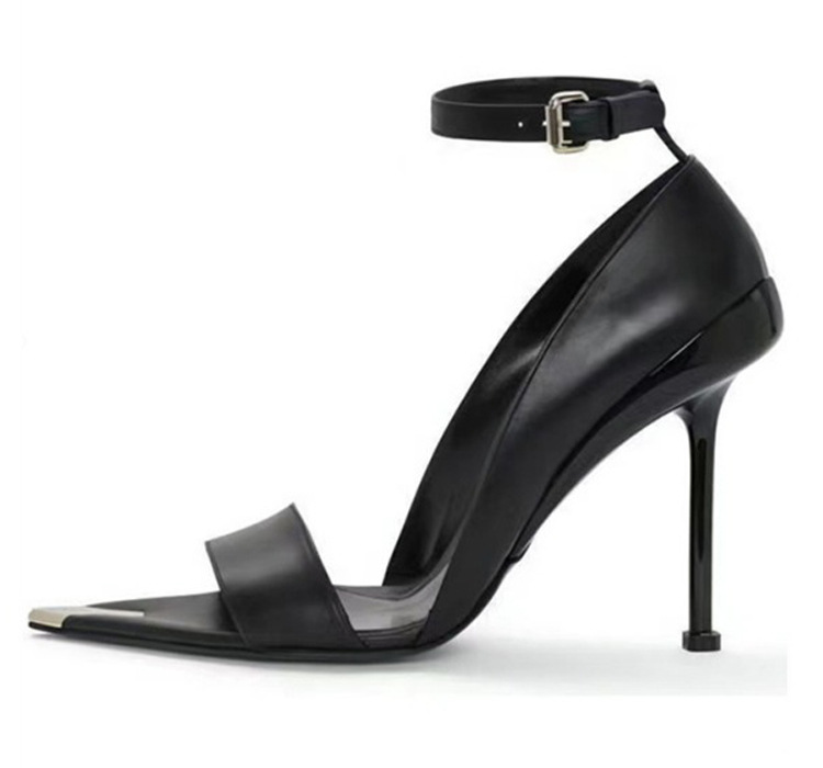 European and American hotties sexy metal pointed toe stiletto heels open toe catwalk etiquette women's shoes