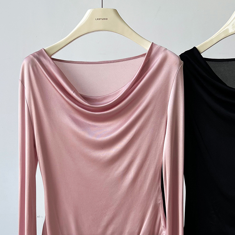 Women Slim Solid Cowl Neck Elongated Sleeve Tee