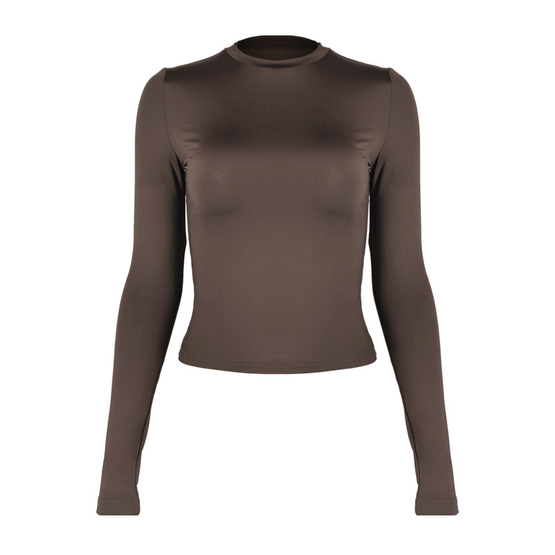 Long sleeved round neck T-shirt solid color slim fit top