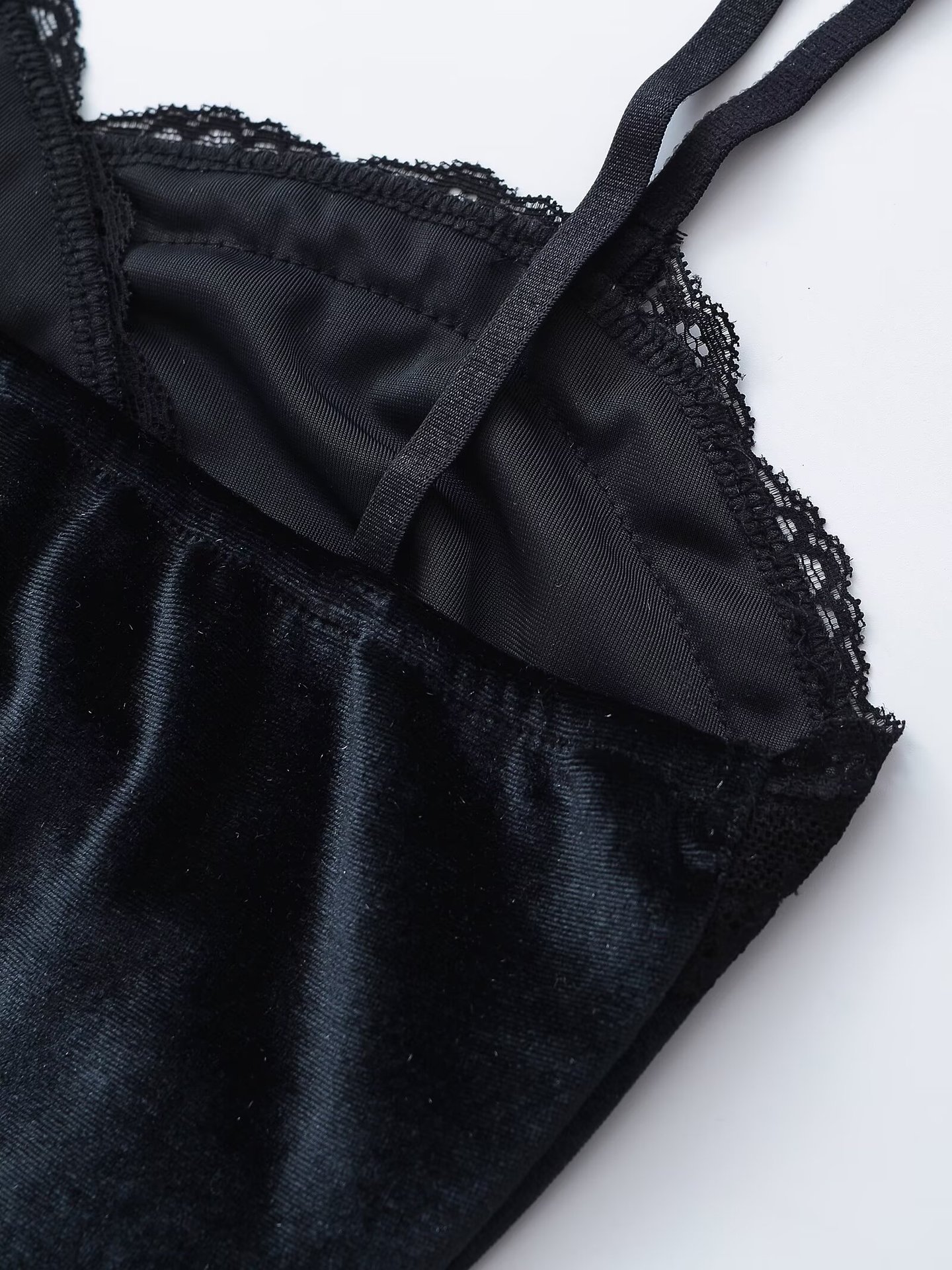 Cross-Over Lapel Velvet Spliced Lace Trim Sexy Camisole
