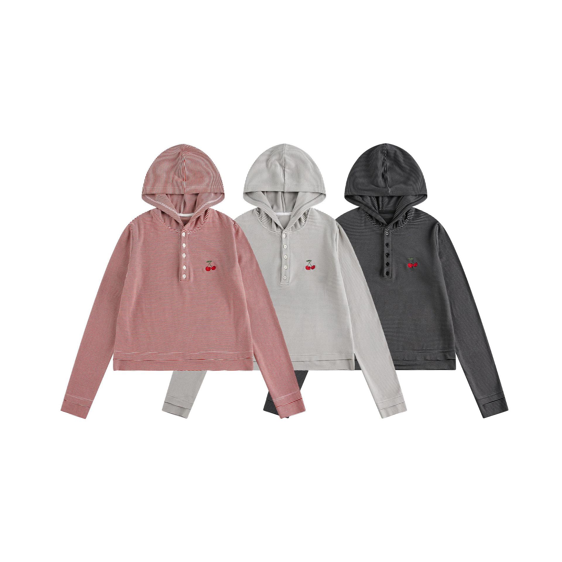 Retro Banded Fruit Applique Long Sleeve Hoodie