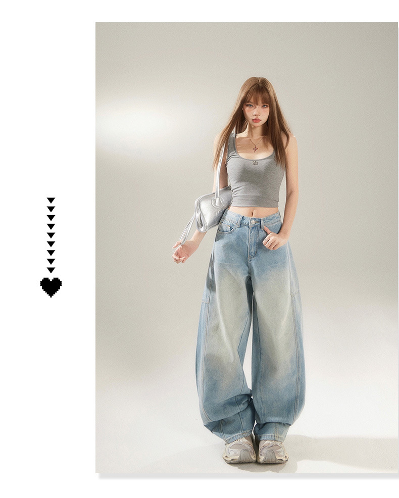 Retro Distressed Light Blue Skinny Jeans High Street Patchwork Design Banana Scythe Pants for Women