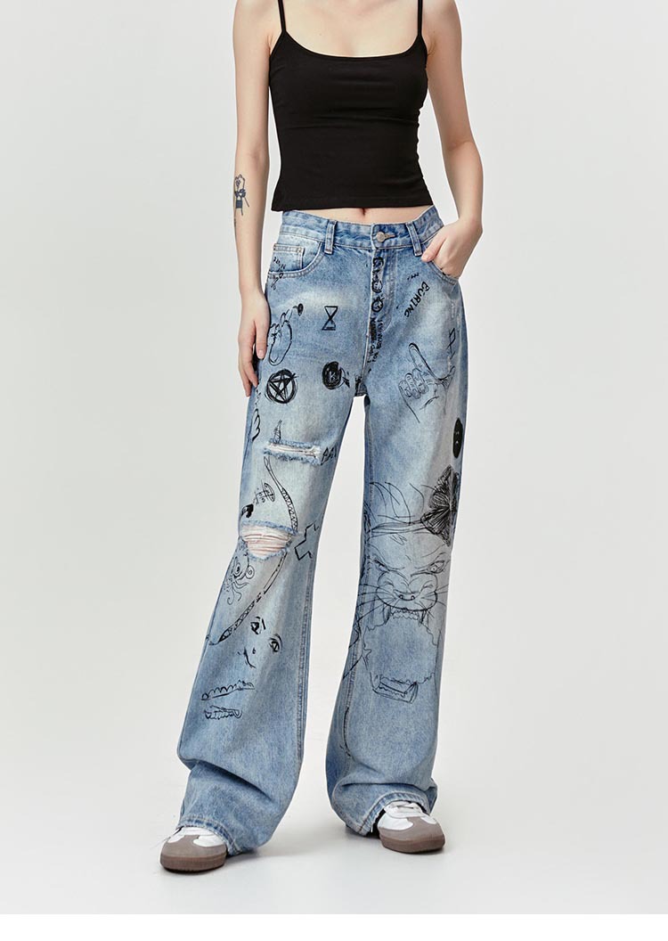 Graffiti Fun Niche Print Washed Distressed Denim Trousers