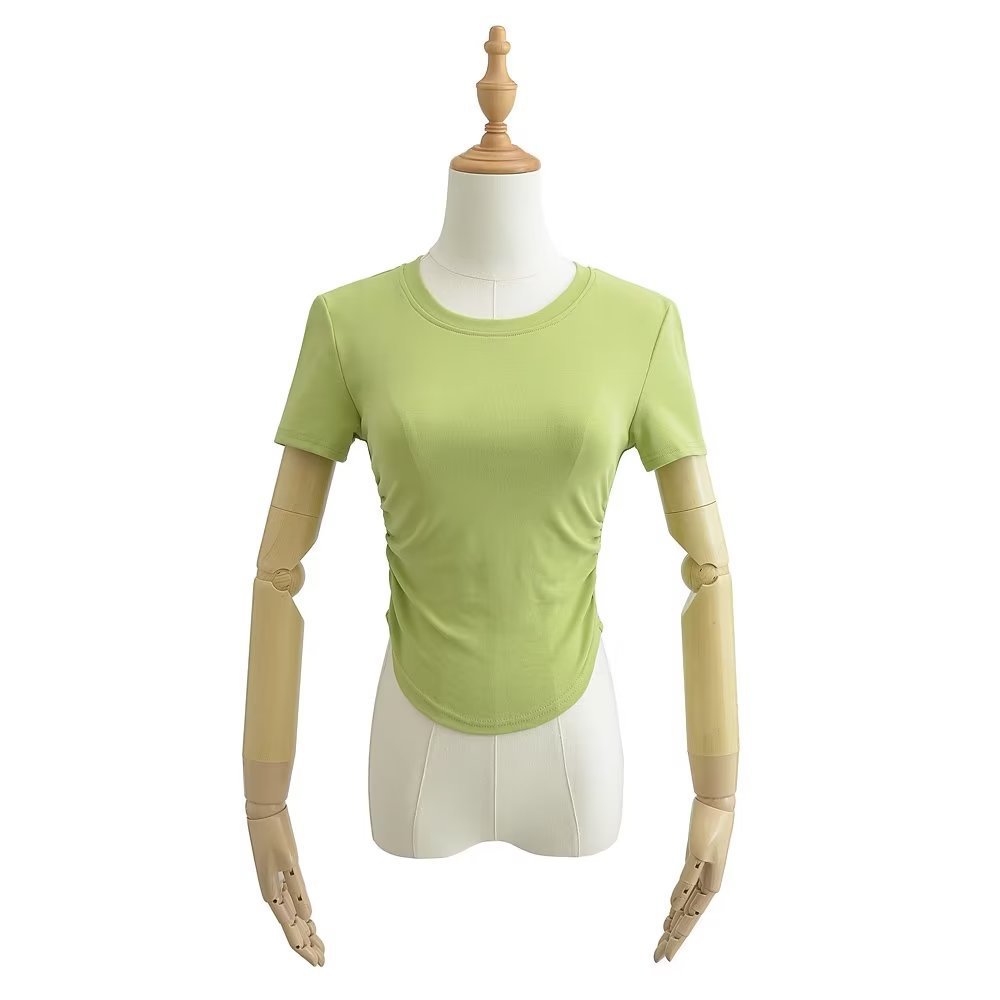 Slim Crew Half Sleeve Gathered Cropped Scalloped T-shirt