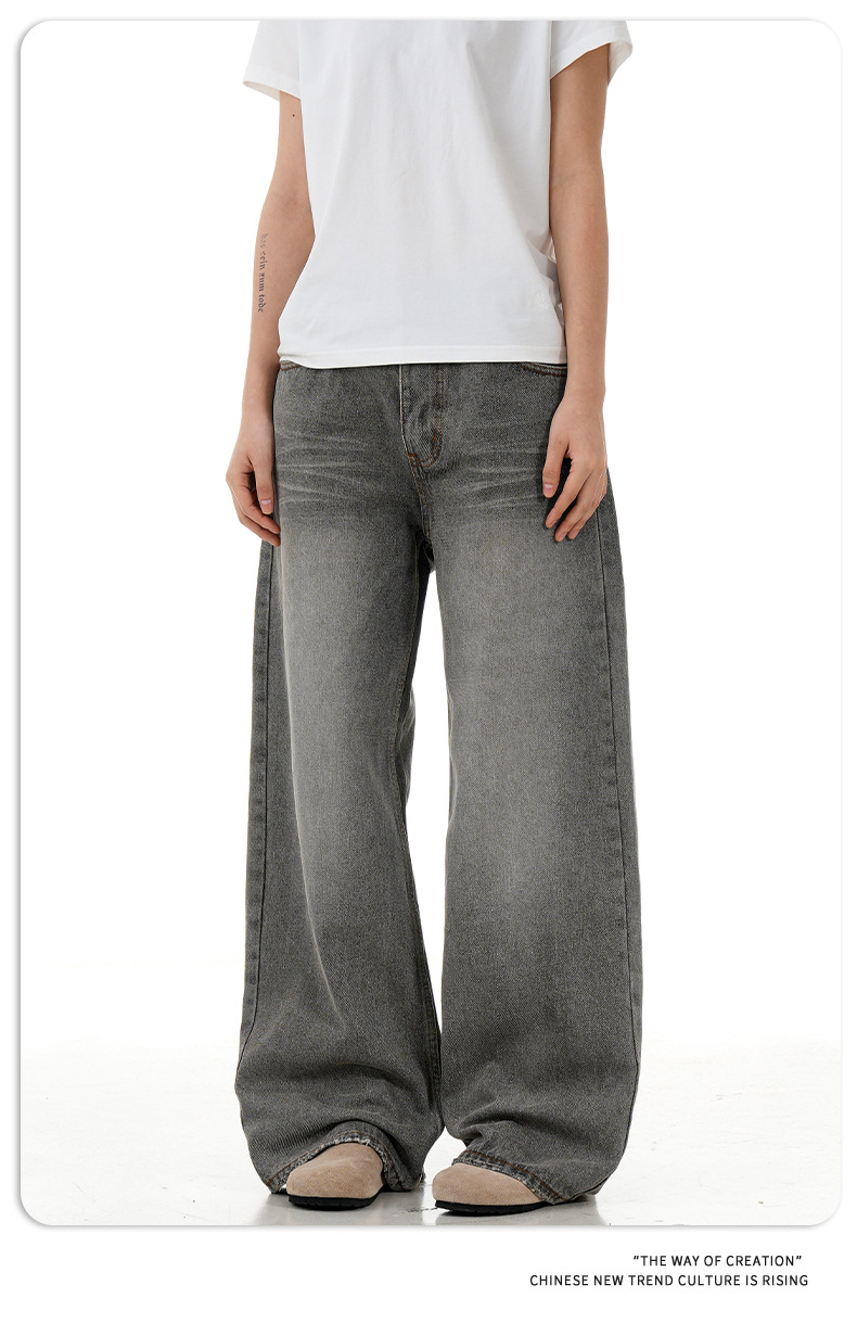 Grey Denim Pants for Men and Women Vintage Straight Leg Loose Casual Long Pants