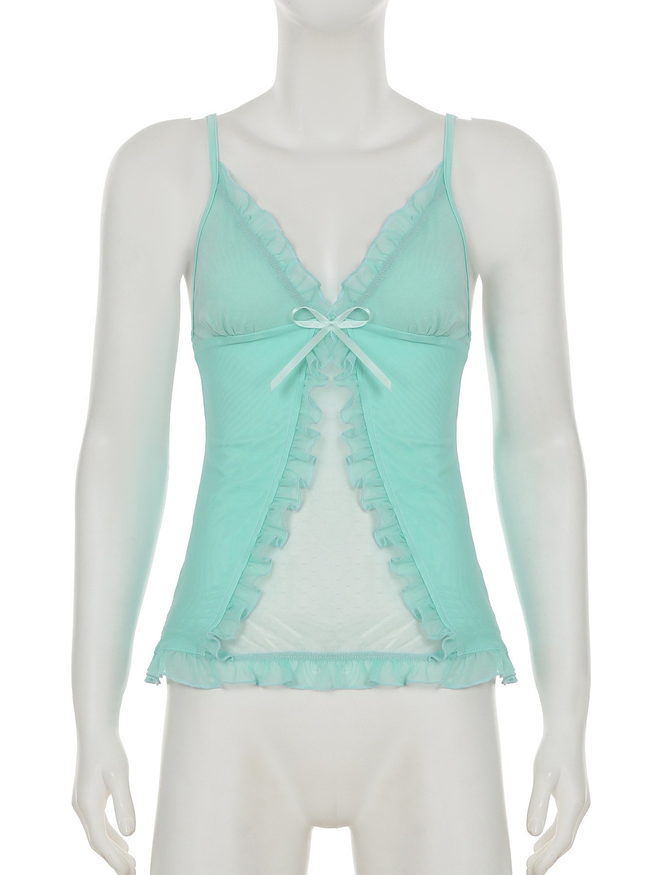 Mesh splicing deep V-neck mint green camisole vest