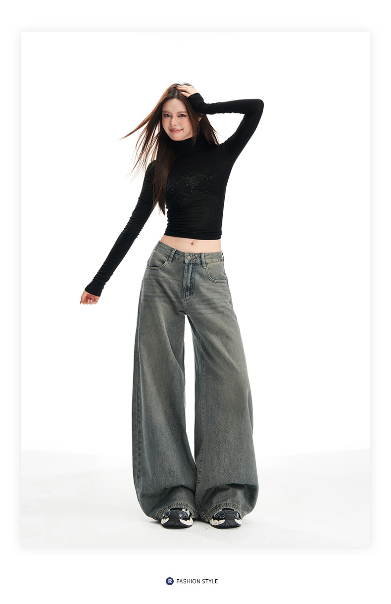 Women's Wide-Leg Pants Loose Fit High-Waist Trousers Slimming Multi-Purpose Denim Pants with Vintage Color Washed Effect