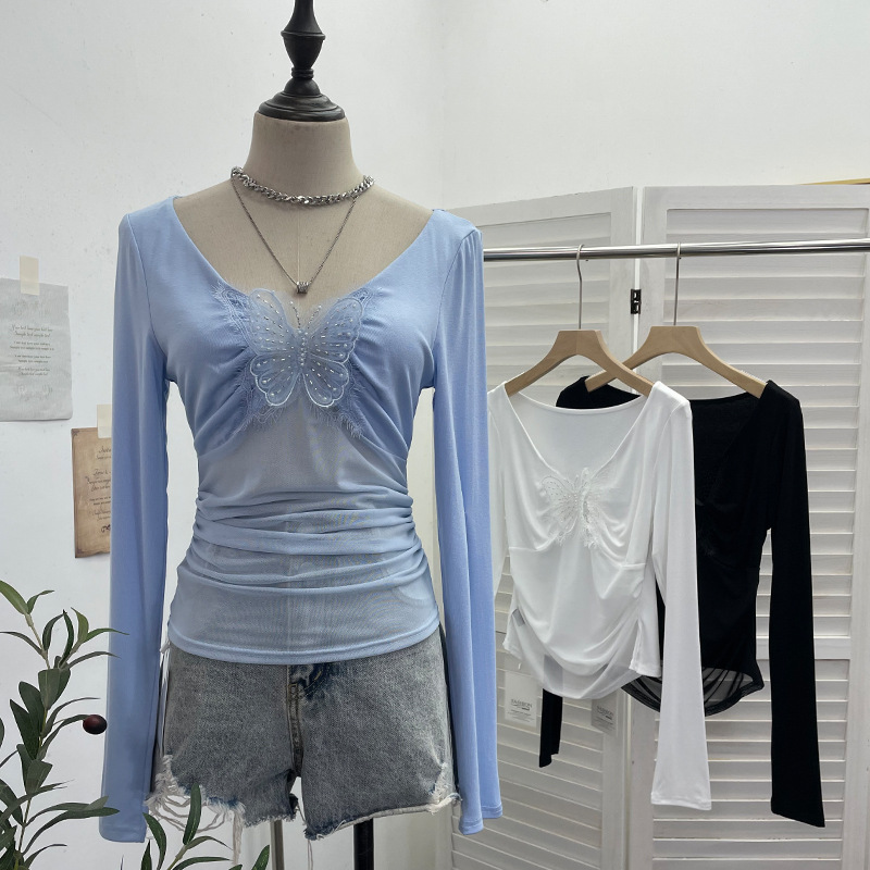 Full Sleeve V-Neck Openwork Slim Fit Tee