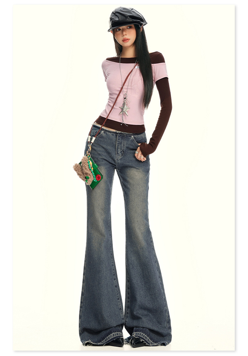 Women's Low Waist Flared Jeans Long Trumpet Pants Non-Skinny Trousers