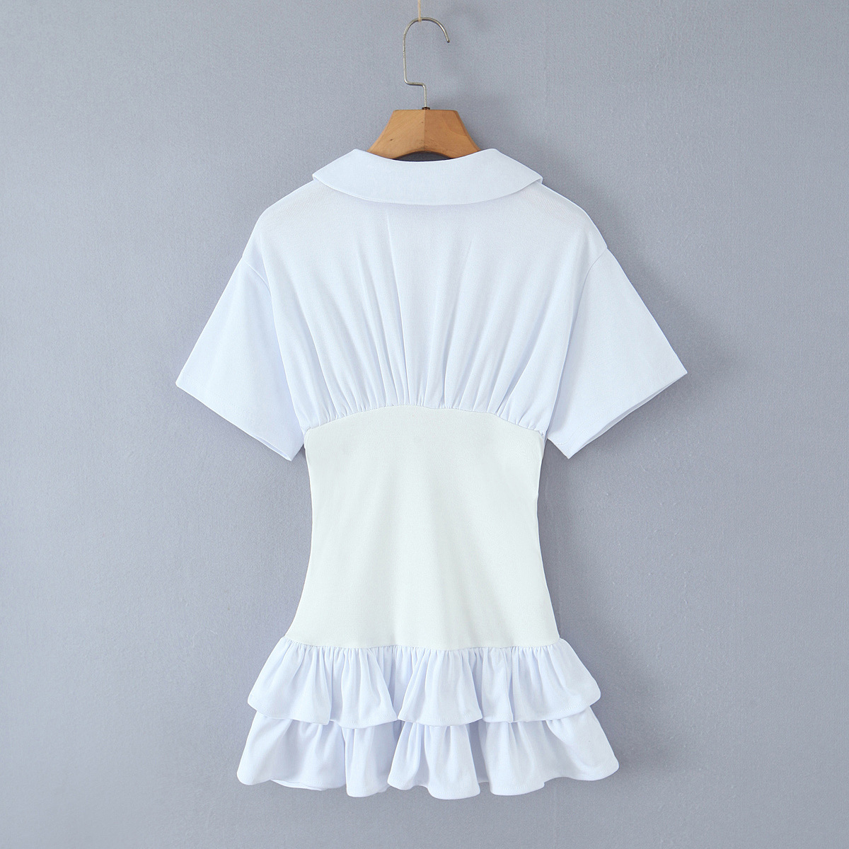 Ruffle Short Sleeve Upturned Neckline Cotton Fitted Dress