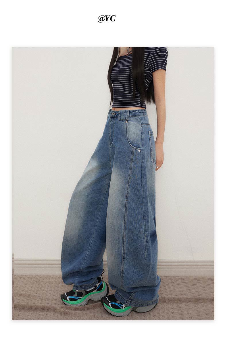 Deconstructed Knife-Edge Denim Pants for Women High-Waisted Wide-Leg Pants