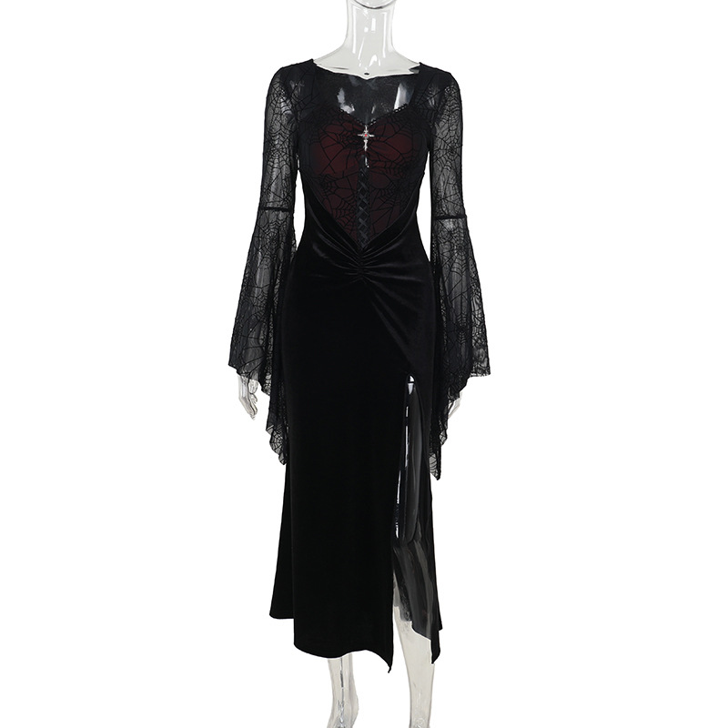 V-Neck High-Waist Spider Web Print Long Pencil Dress