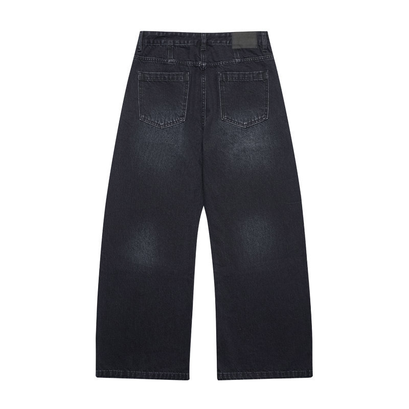 Washed Distressed Wide-Leg Straight Leg Denim Pants
