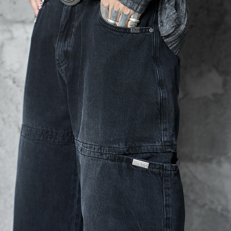 Streetwear Style Hip Hop Trendy Casual Black Knife Pants Ins Autumn Vintage Washed Loose Jeans