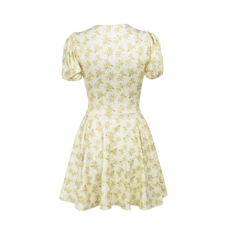 A-Line High Waist Short-Sleeve V Neck Botanical Dress