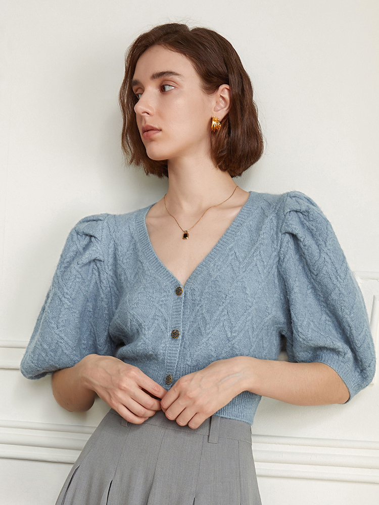 Plain Acrylic Plunge Puffed Button-Front Fitted Cardigan