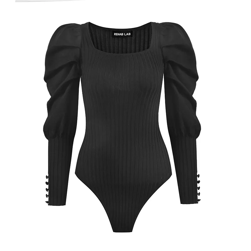 Ladies Knit Plain Geometric Neckline Puffy Sleeves Jumpsuit