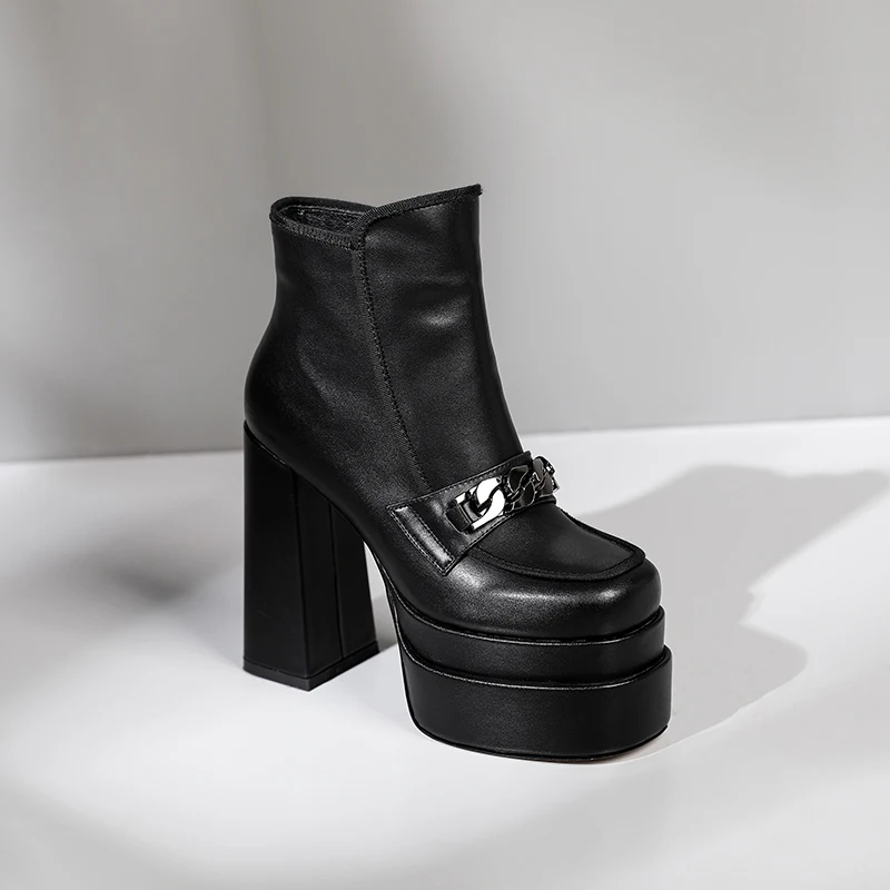 Chunky High Heels New Leather Metal Decor Ankle Boots Fashion Female Square Toe Zipper Platform Short Boots Botas