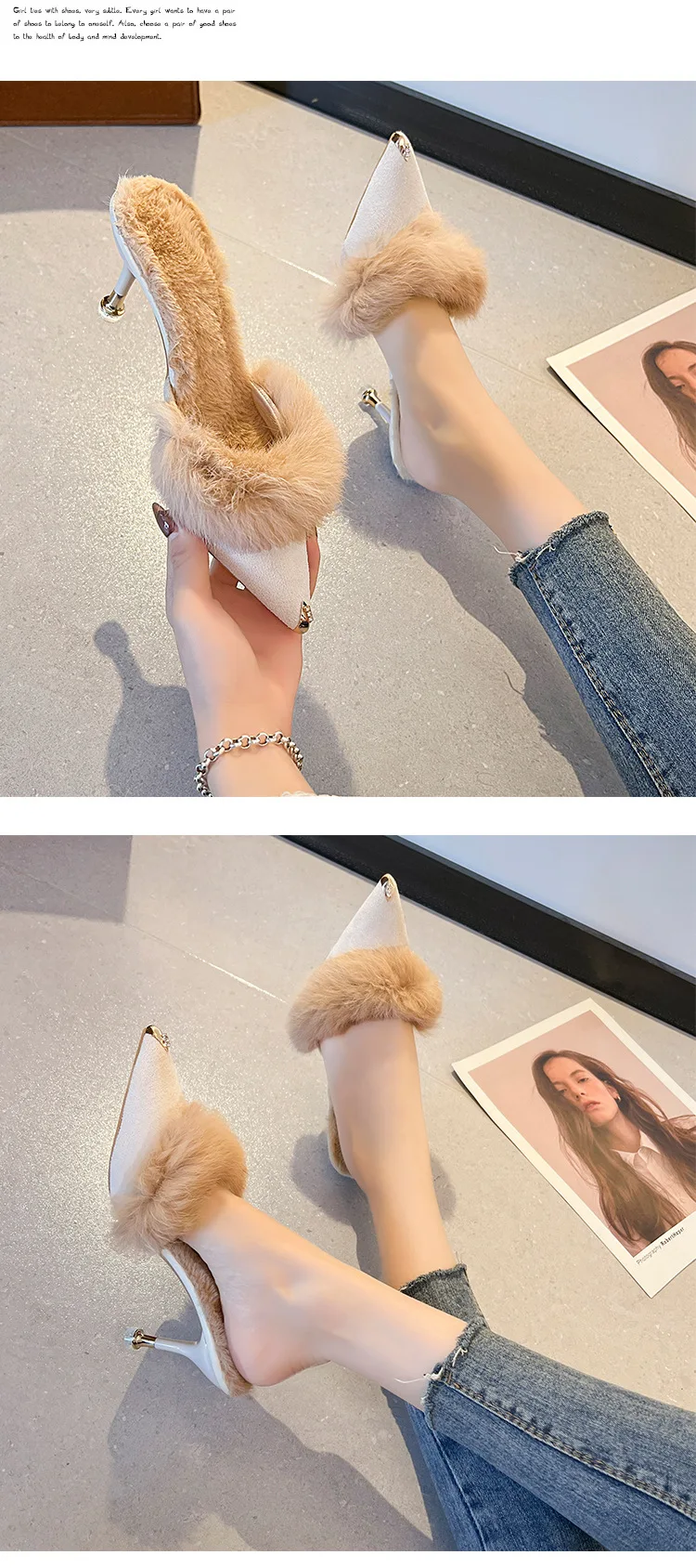 Women High Heel Shoes Fur Slippers Mules Pointed Toe Furry Slides Fashion Elegant Luxury Designer Flip Flops Office Pumps