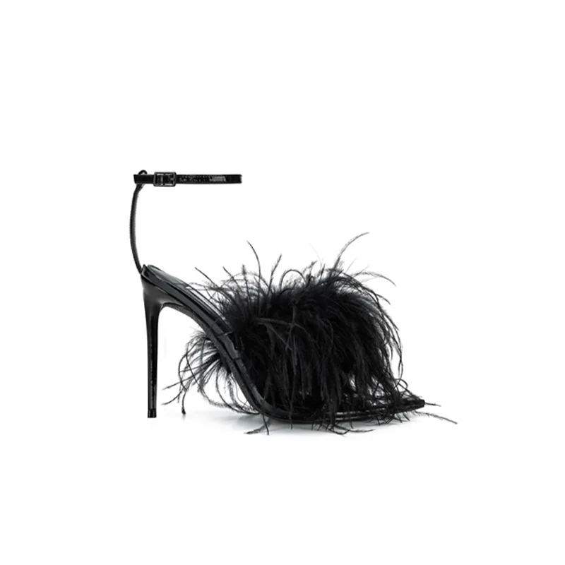 Spring and Summer New Women's Feather High Heels Versatile Strap Pointed Thin Heel Sandals