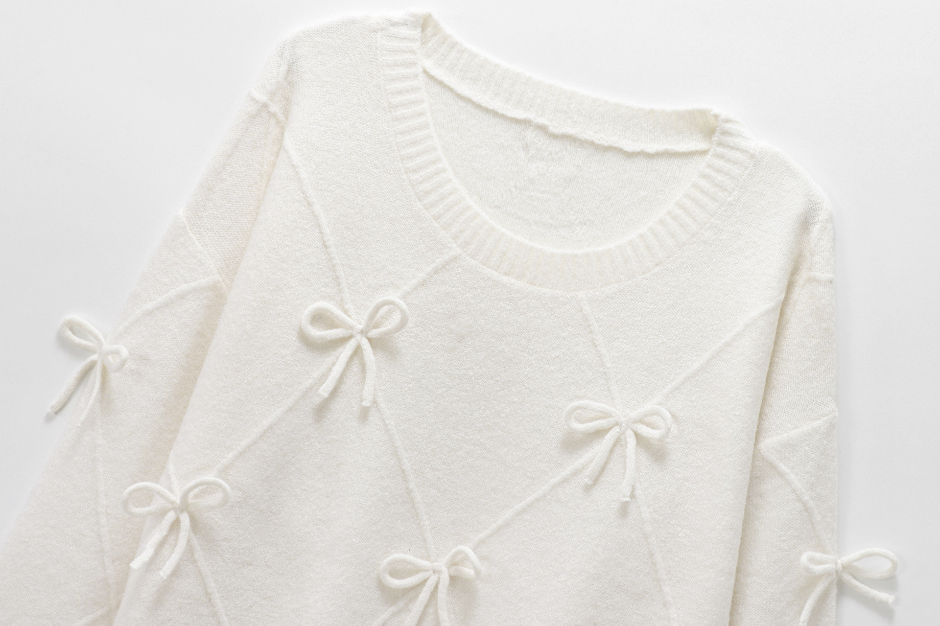 Ladies Solid Crew Ribbon Accent Sweater