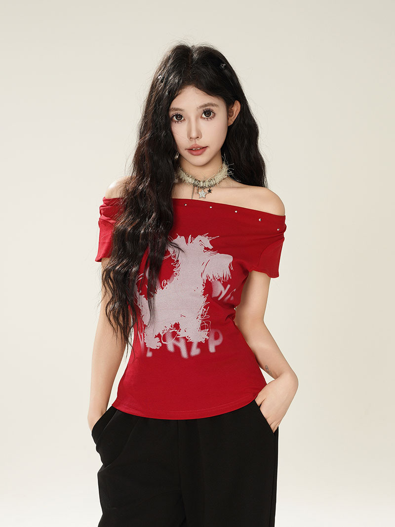 Summer New Slim Off-Shoulder Crewneck One-Shoulder T-Shirt