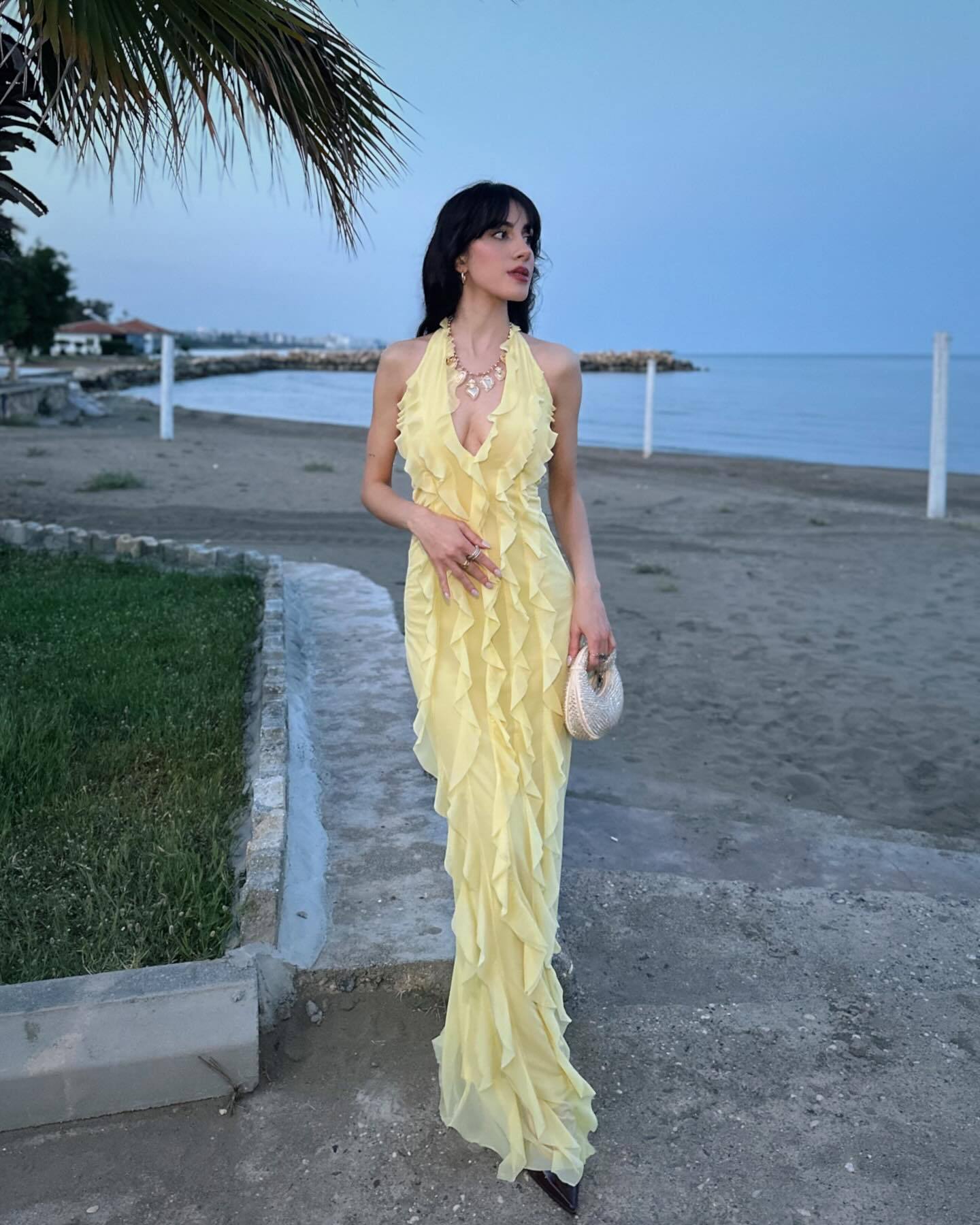 Yellow Solid Color Strapless Sexy Backless Lace High-Grade Dress Long Dress