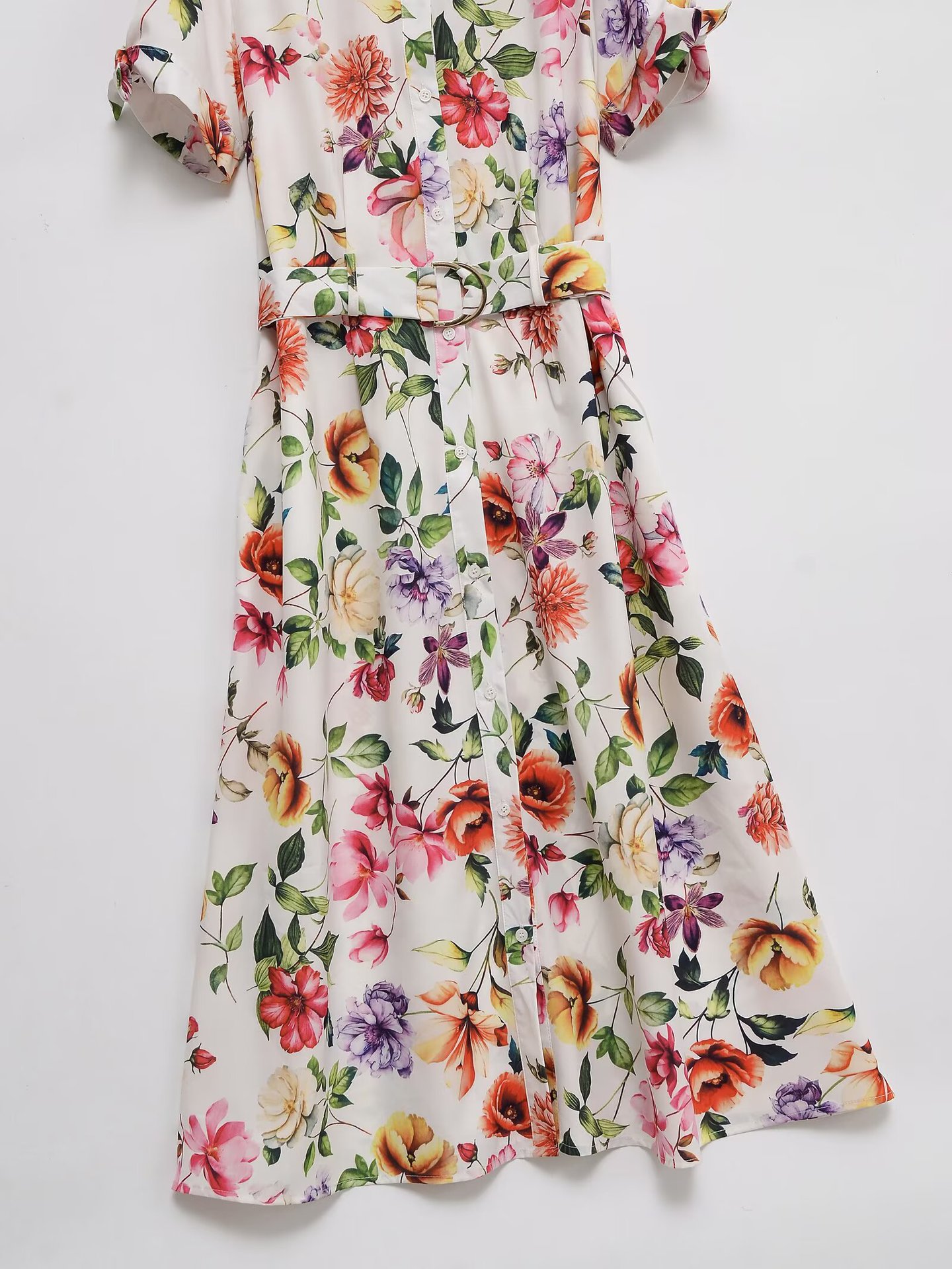 Women's Clothing with Belt Printed Poplin Midi Dress