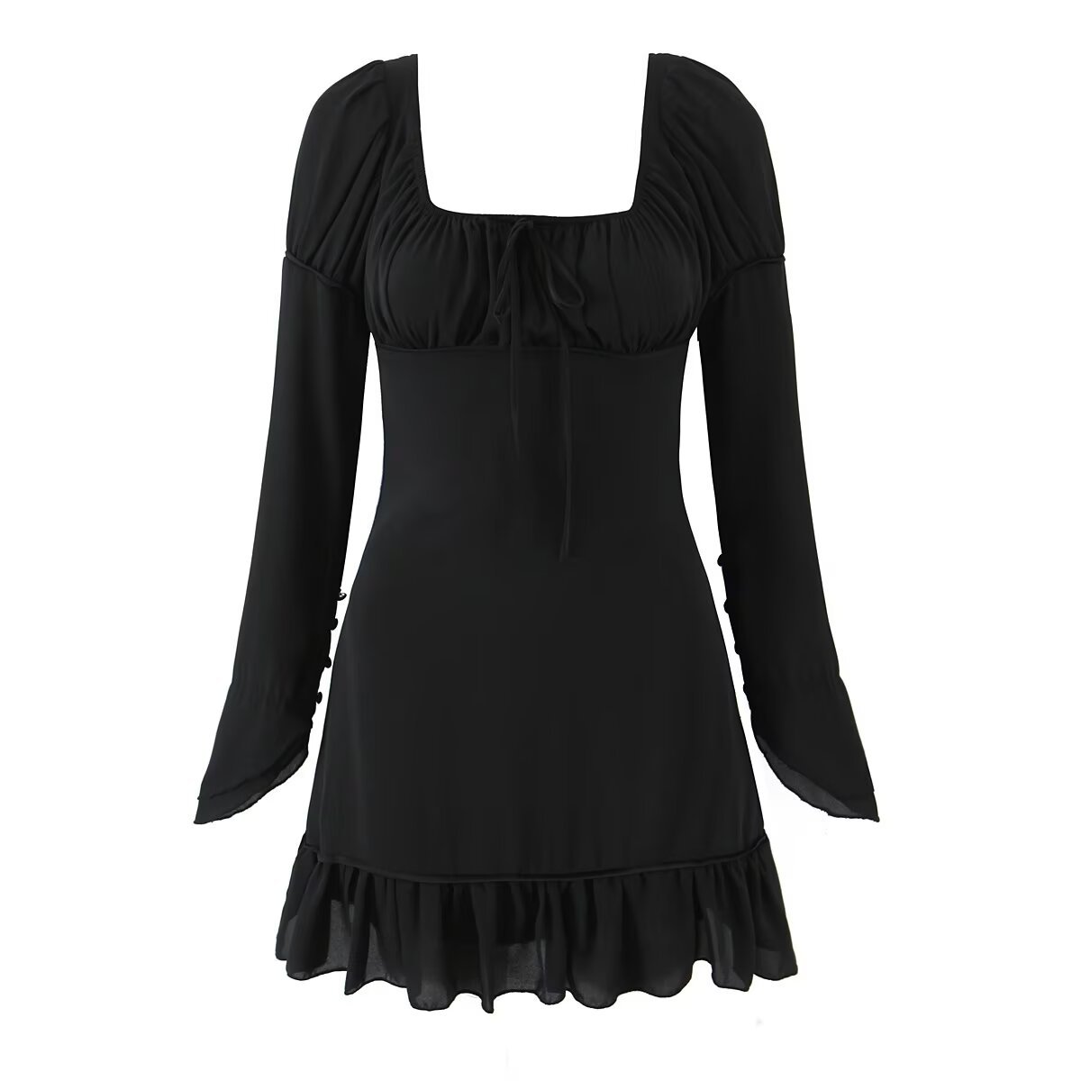 Square collar long sleeved backless black fungus trimmed short dress for women