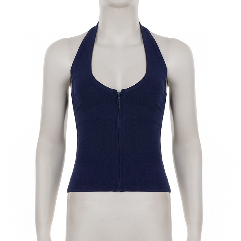 Sexy Low-Cut Zipper Halter Knitted Strap Women's Pure Color Versatile Elegant Slim Top
