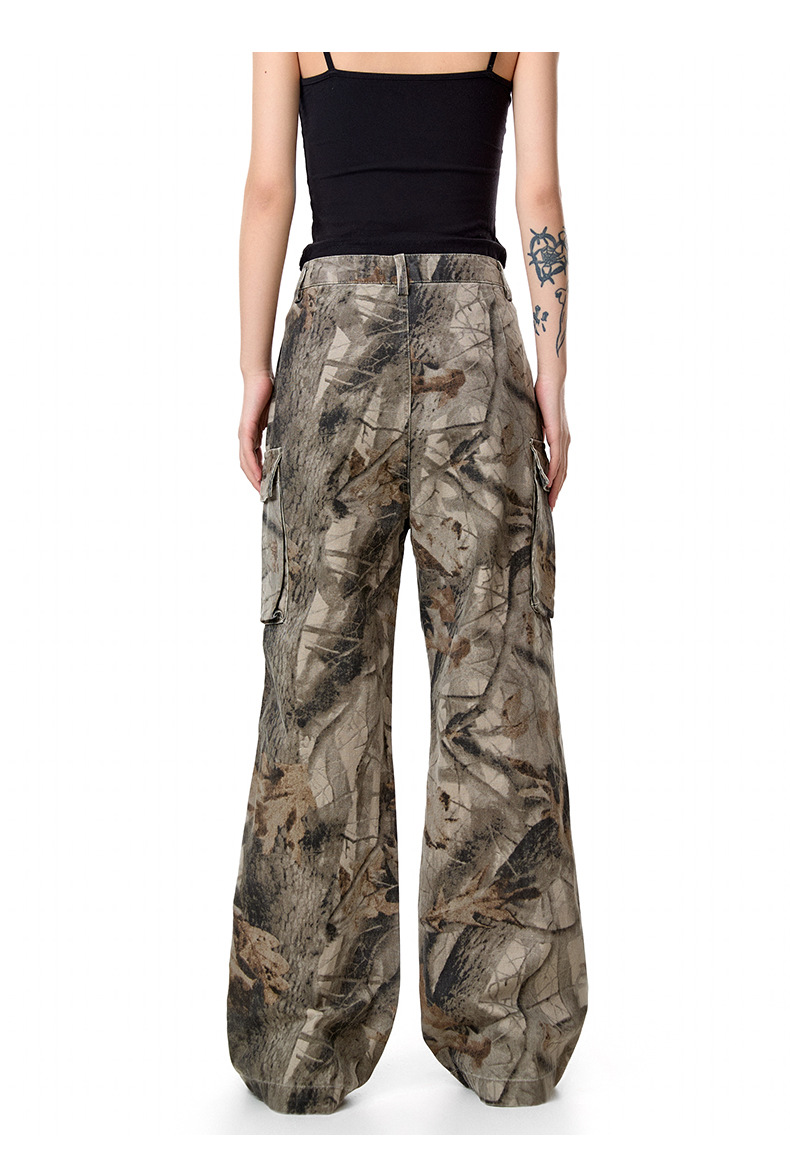 Distressed Camouflage Print Casual Pants Workwear Multi-Pocket Straight Loose Long Pants