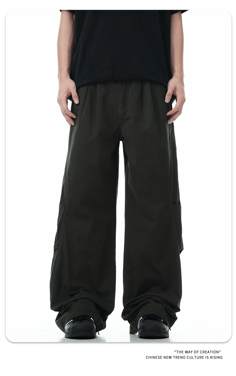 Work Pants Men Simple Cuff Zipper Design Loose Wide Leg Slim Fit Versatile Long Trousers Trendy